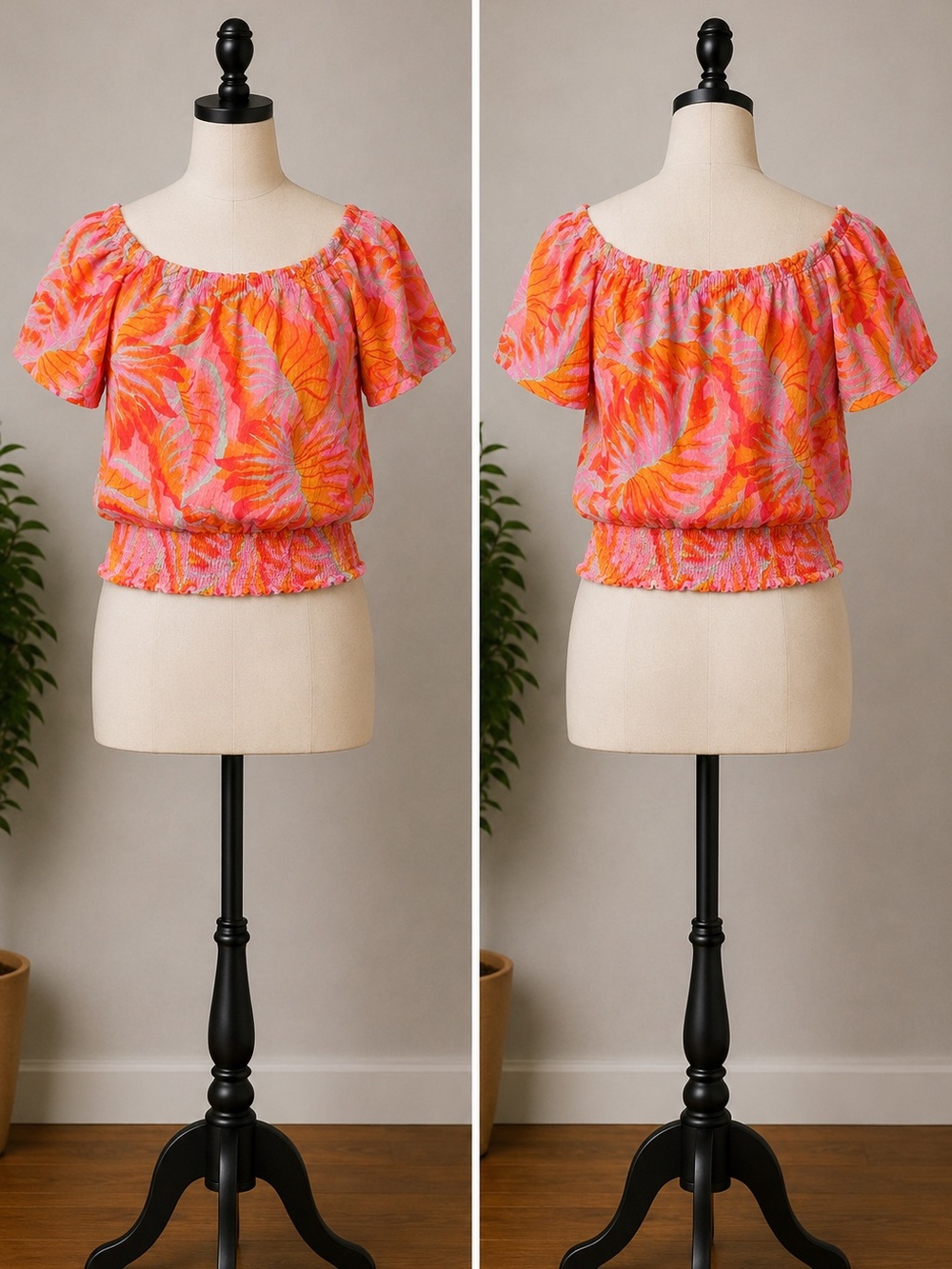Cynthia Rowley Pink & Orange Off-Shoulder Smocked Crop Top
